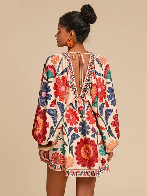 Damen boho florales V-Ausschnitt Kleid