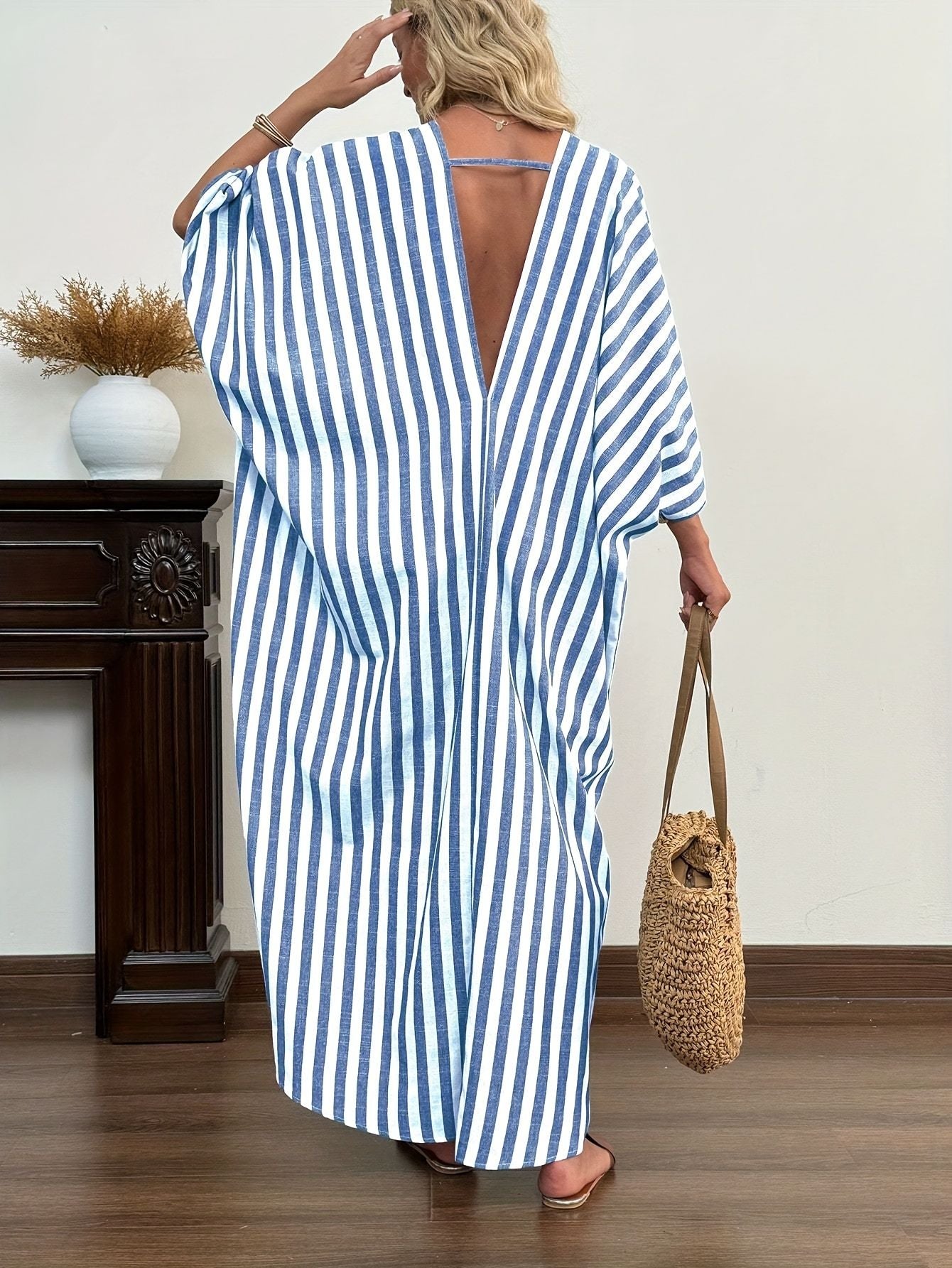 Damen ärmelloses gestreiftes Casual Kleid mit Batwing-Ärmeln