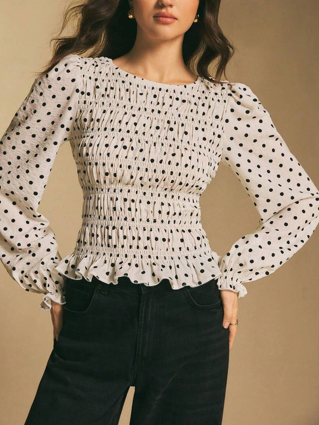 Damen Bluse mit Polka-Dot-Print und Rüschen-Saum