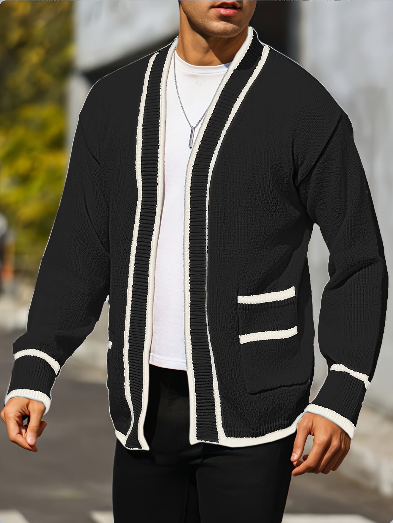 Herren cardigan mit kontrastbesatz
