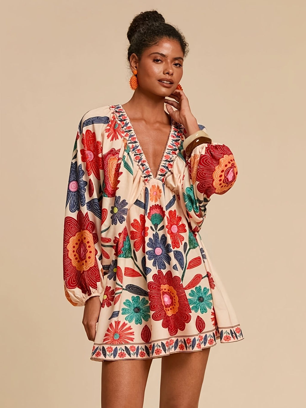 Damen boho florales V-Ausschnitt Kleid