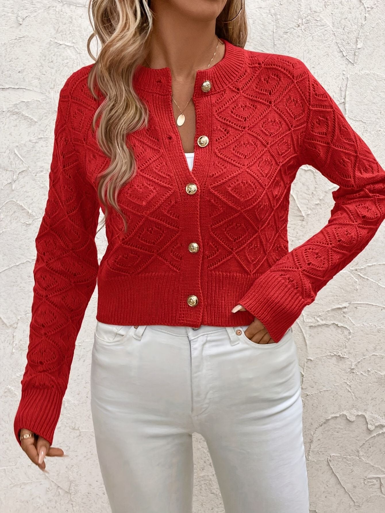 Damen geometrische Strickjacke mit Knöpfen