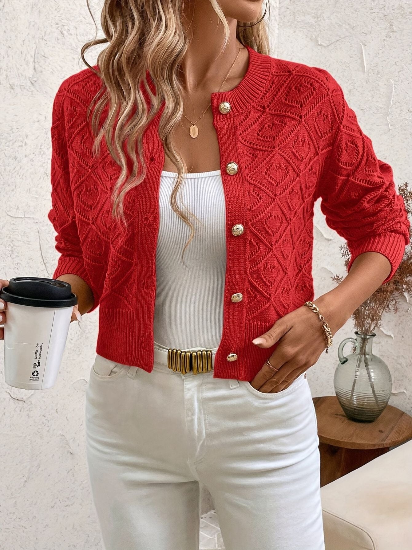 Damen geometrische Strickjacke mit Knöpfen
