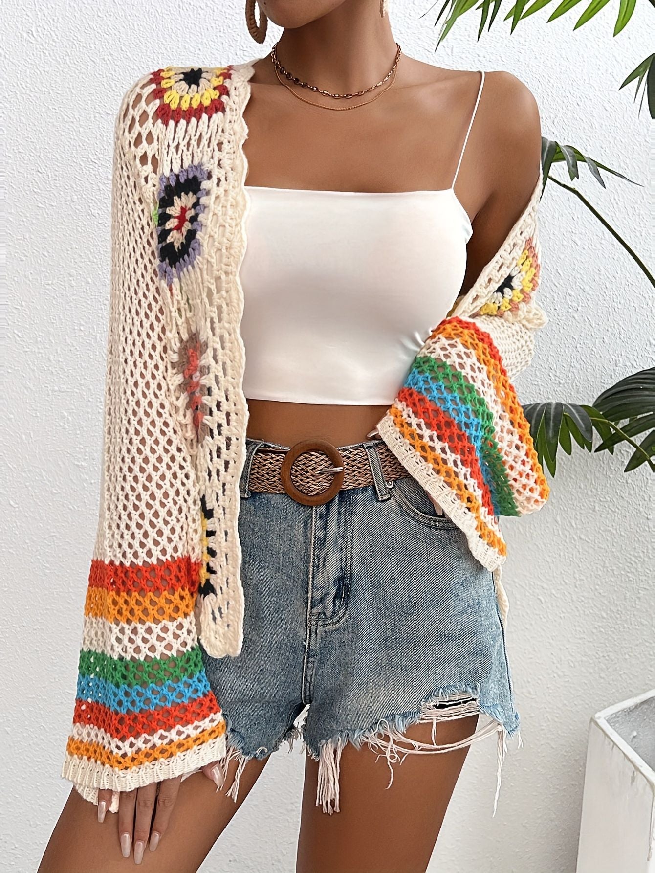 Damen florale Häkel-Strickjacke mit offener front