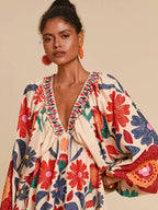 Damen boho florales V-Ausschnitt Kleid
