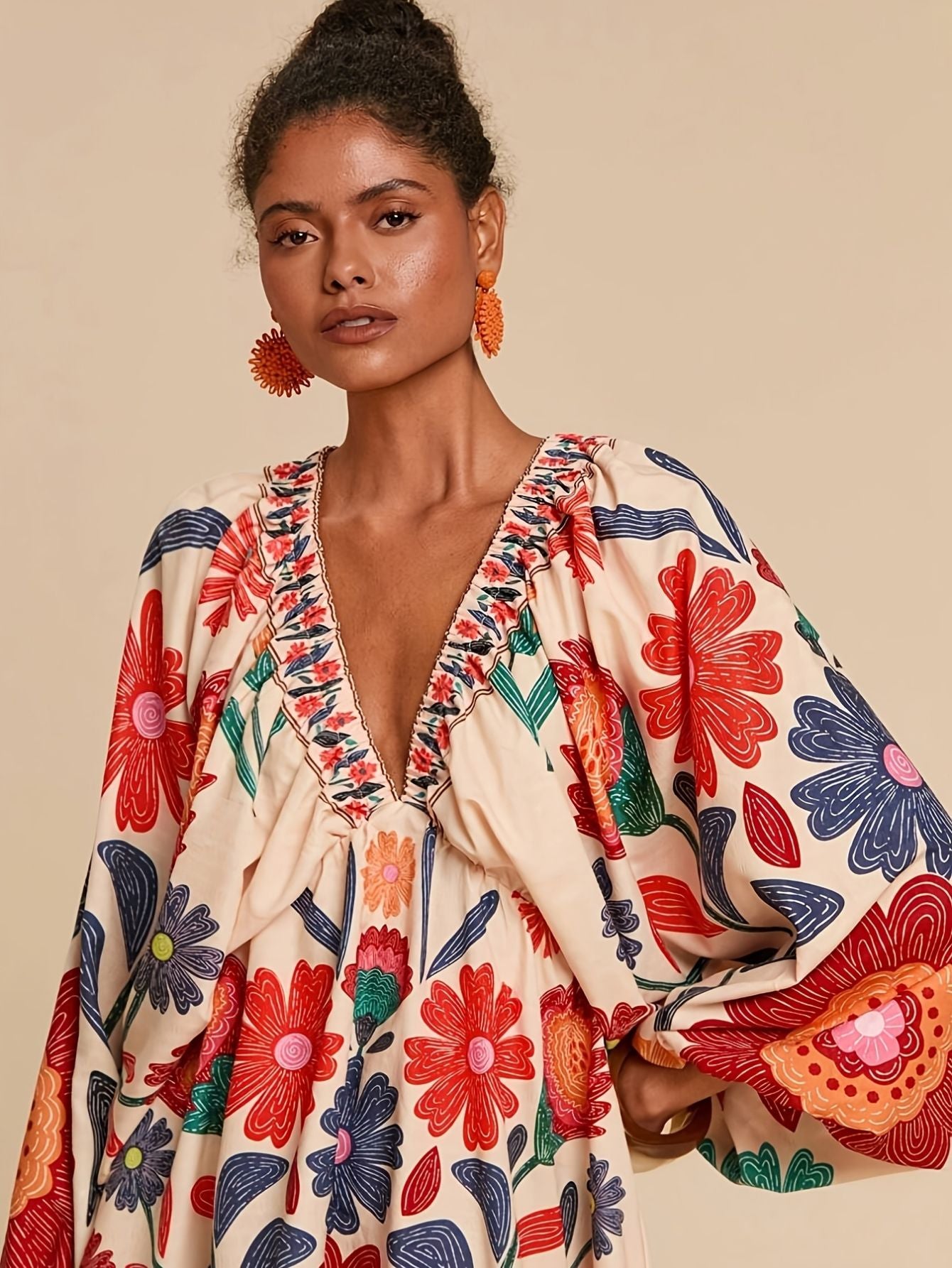 Damen boho florales V-Ausschnitt Kleid
