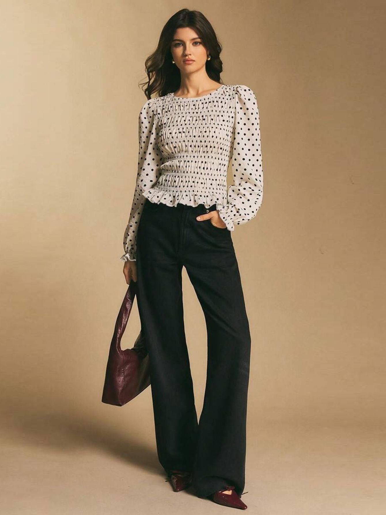 Damen Bluse mit Polka-Dot-Print und Rüschen-Saum