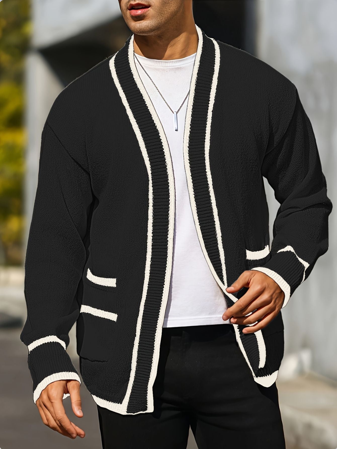 Herren cardigan mit kontrastbesatz