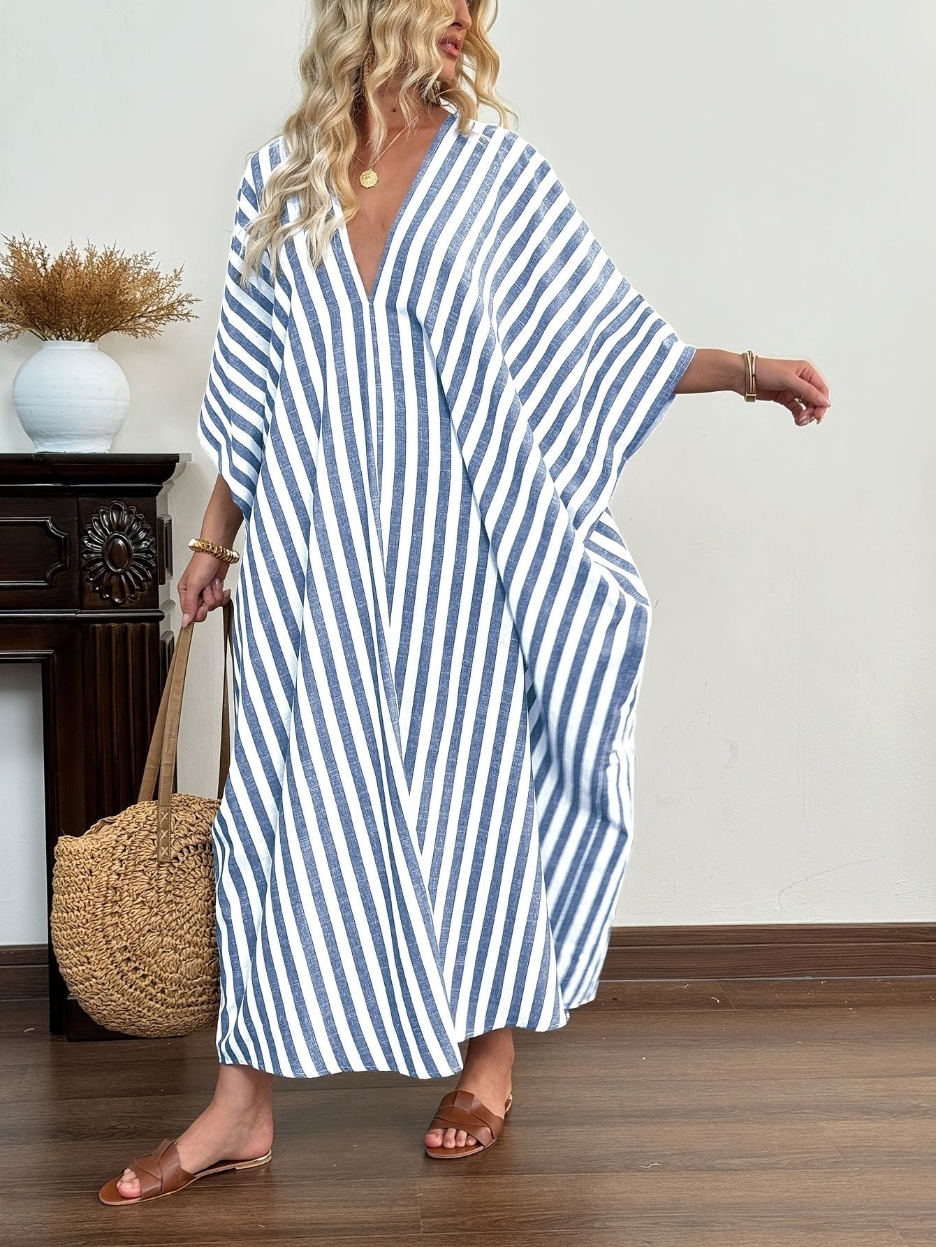 Damen ärmelloses gestreiftes Casual Kleid mit Batwing-Ärmeln