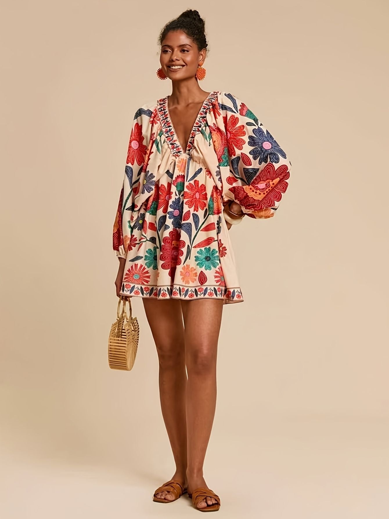 Damen boho florales V-Ausschnitt Kleid