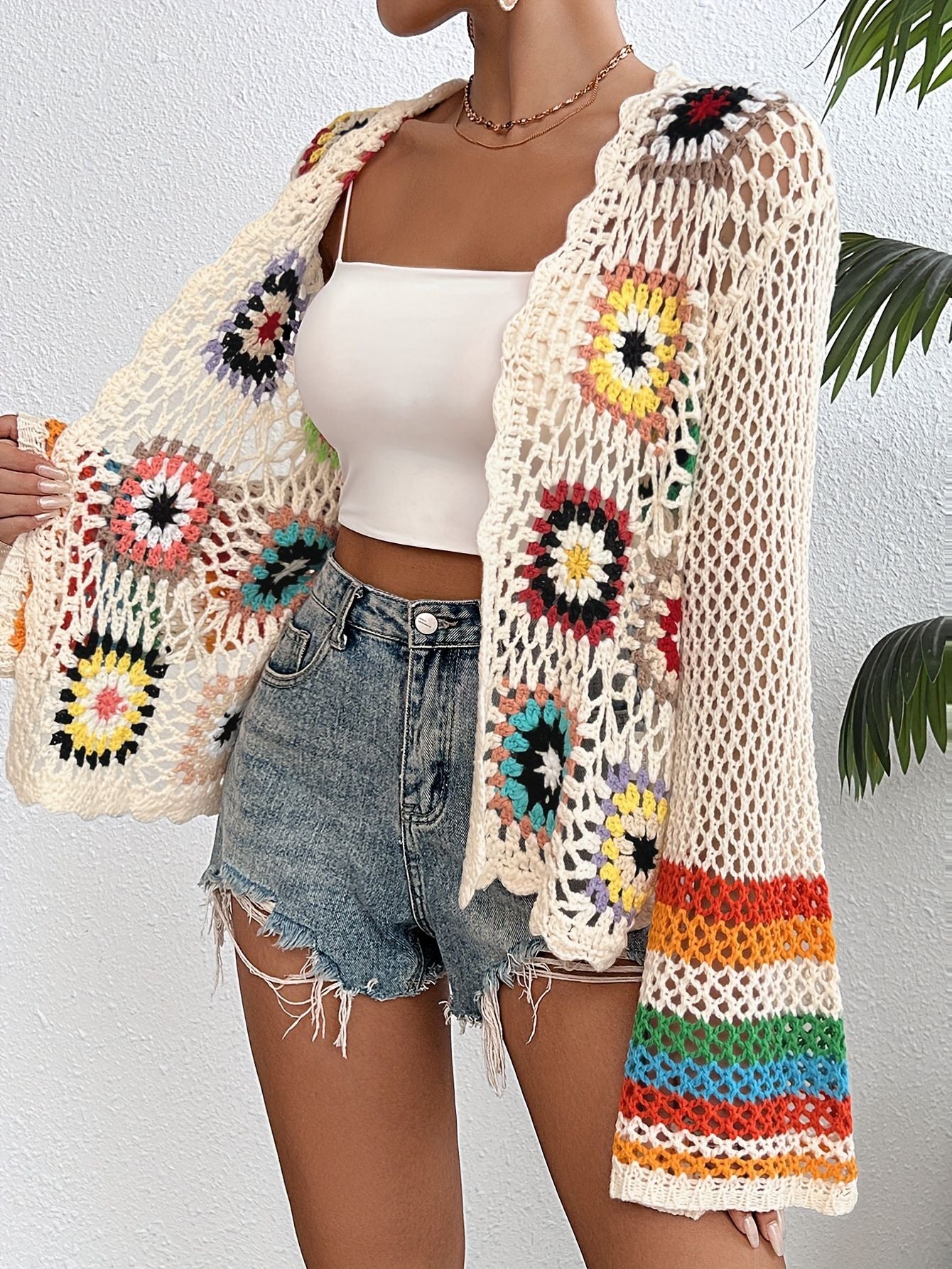 Damen florale Häkel-Strickjacke mit offener front