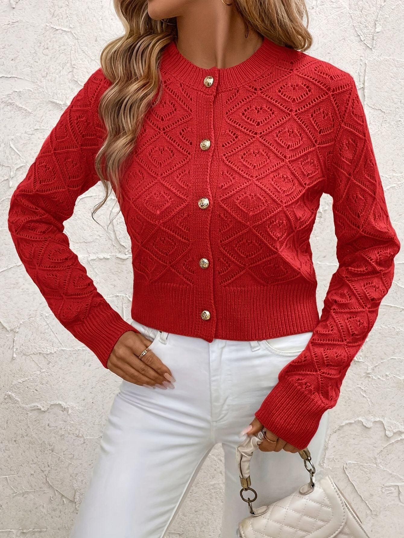 Damen geometrische Strickjacke mit Knöpfen