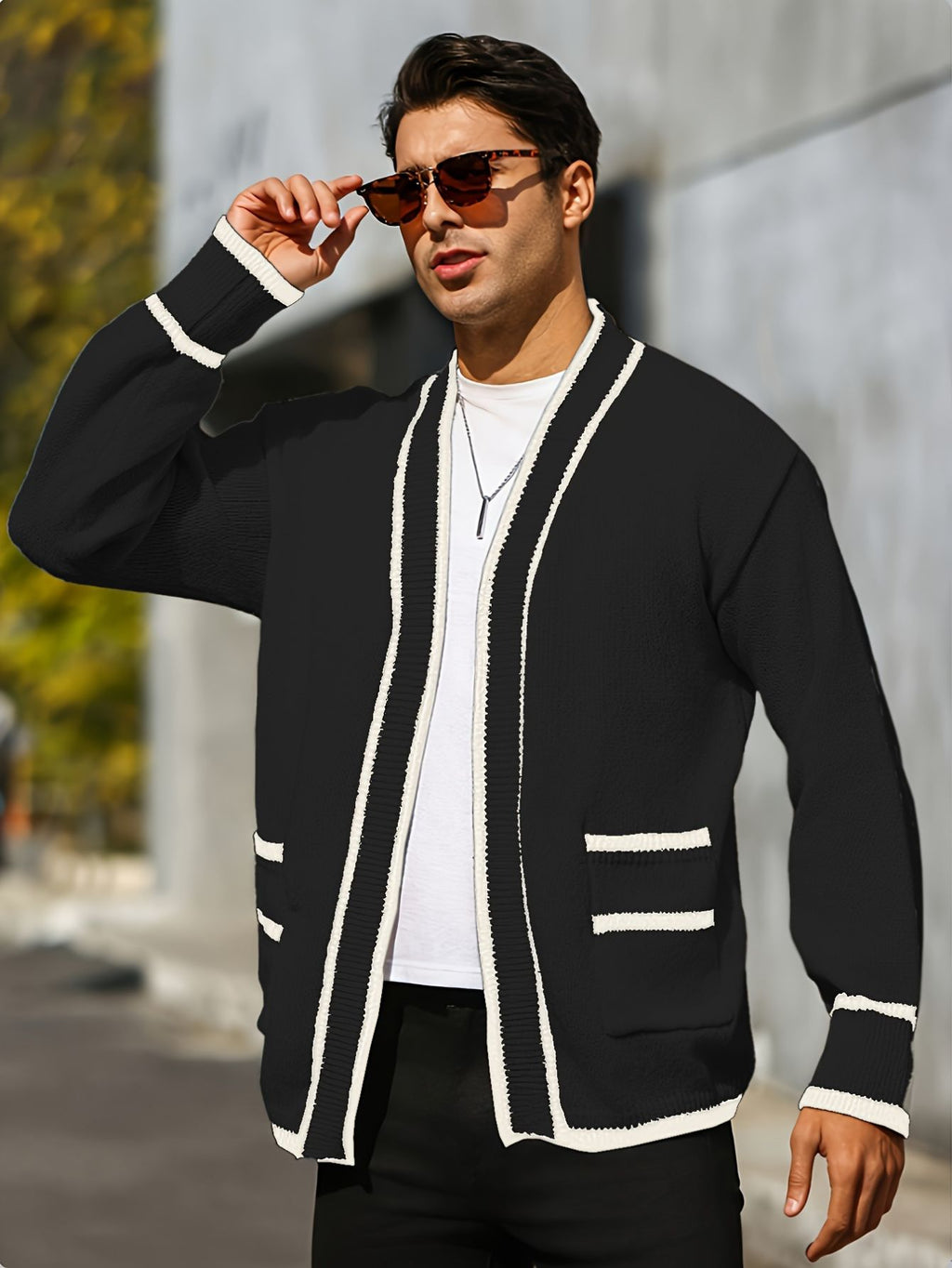 Herren cardigan mit kontrastbesatz