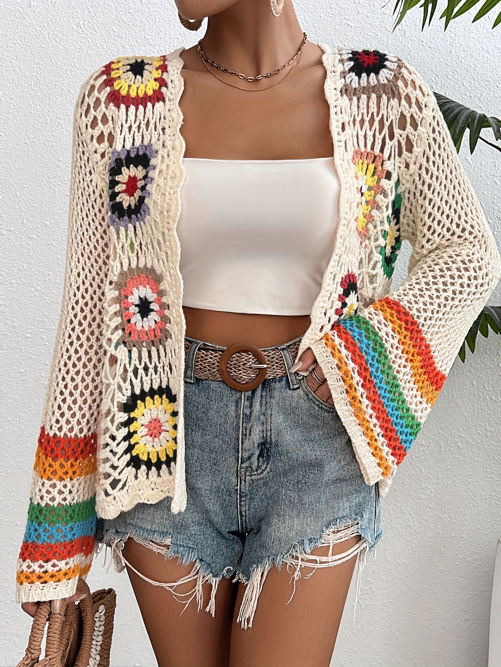 Damen florale Häkel-Strickjacke mit offener front