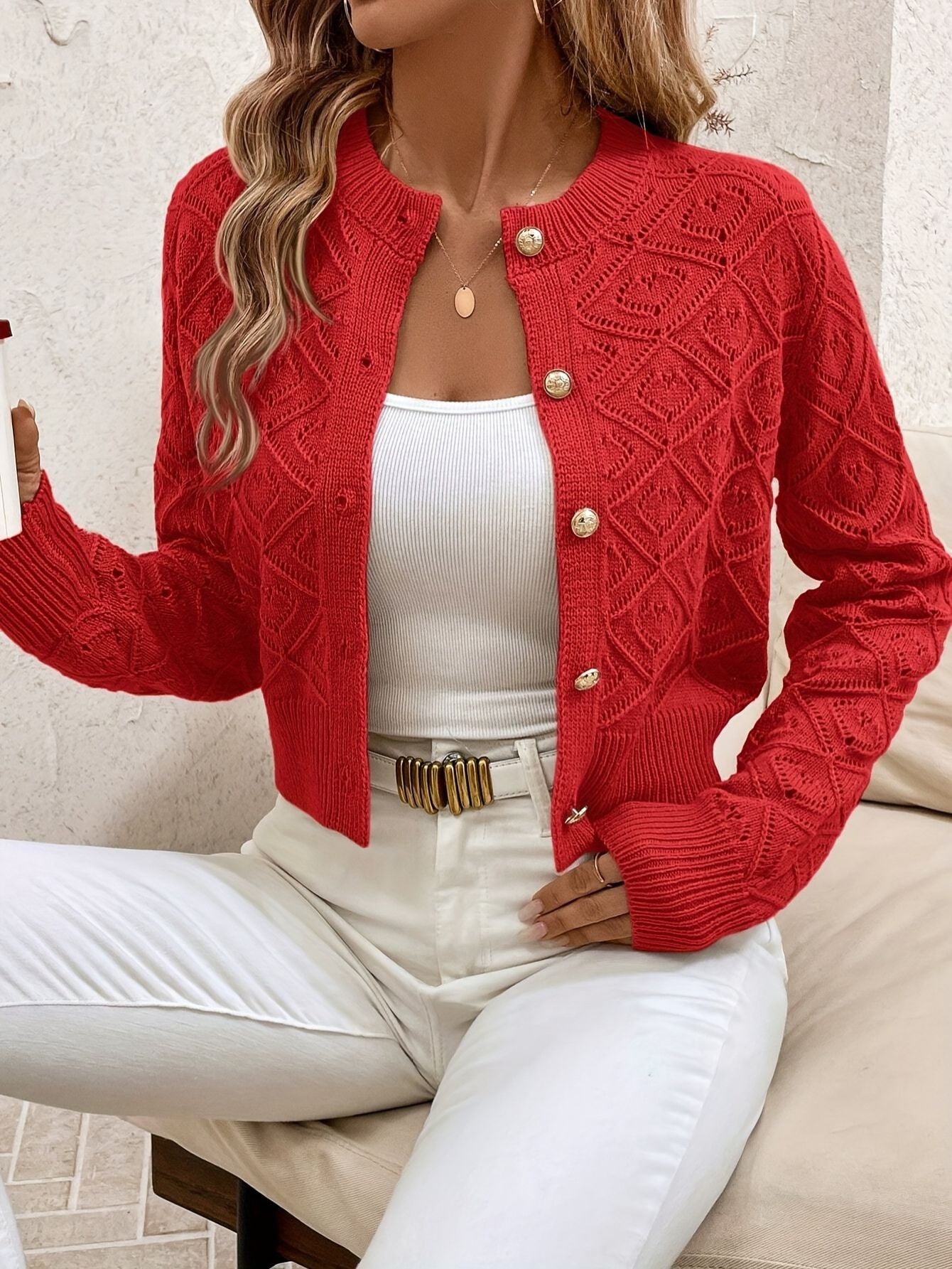 Damen geometrische Strickjacke mit Knöpfen