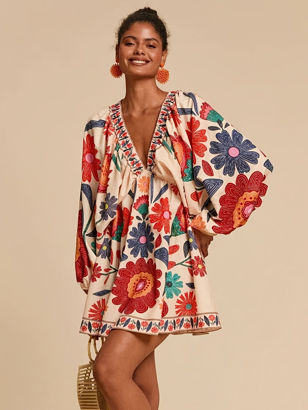 Damen boho florales V-Ausschnitt Kleid