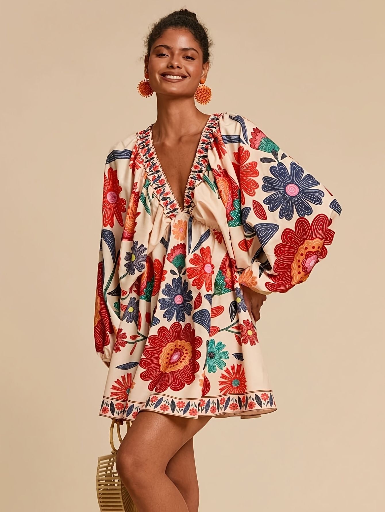 Damen boho florales V-Ausschnitt Kleid