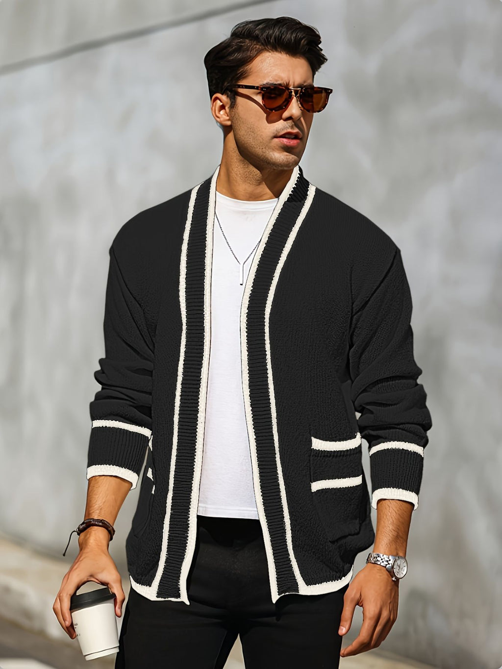 Herren cardigan mit kontrastbesatz