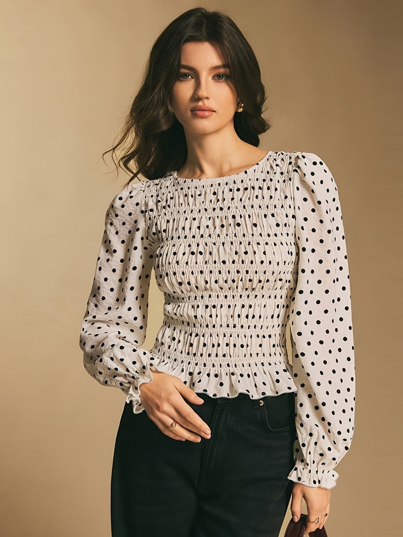 Damen Bluse mit Polka-Dot-Print und Rüschen-Saum